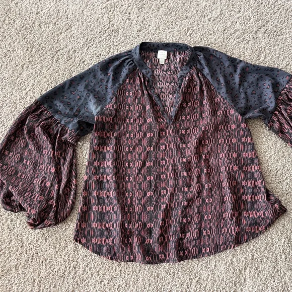 Women's Mixed-Print Long Sleeve Blouse in Wine and Black - Picture 2 of 5